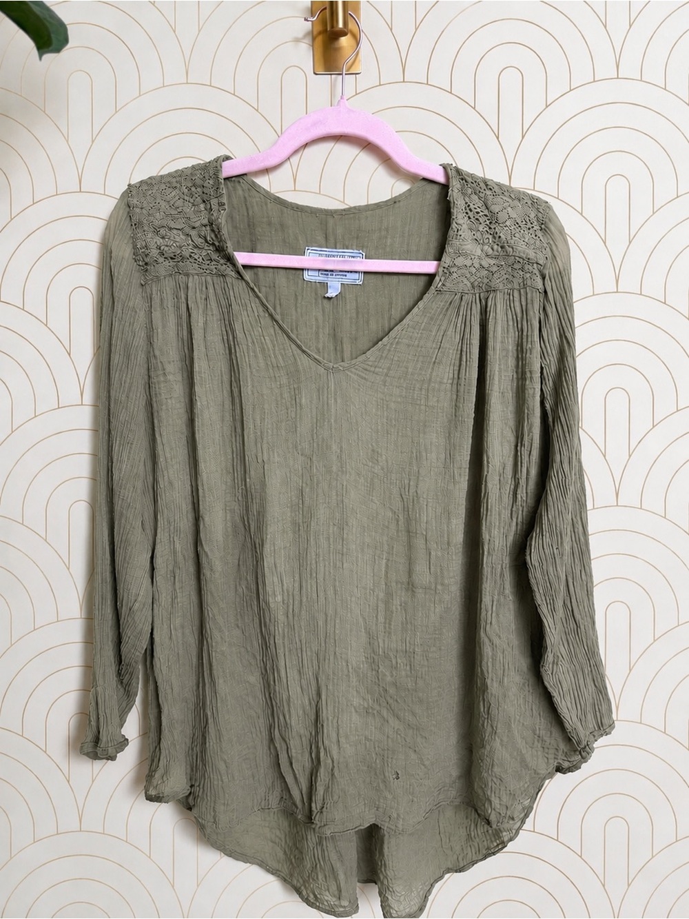 Current/Elliott Olive Green Lace-Trim V-Neck Blouse